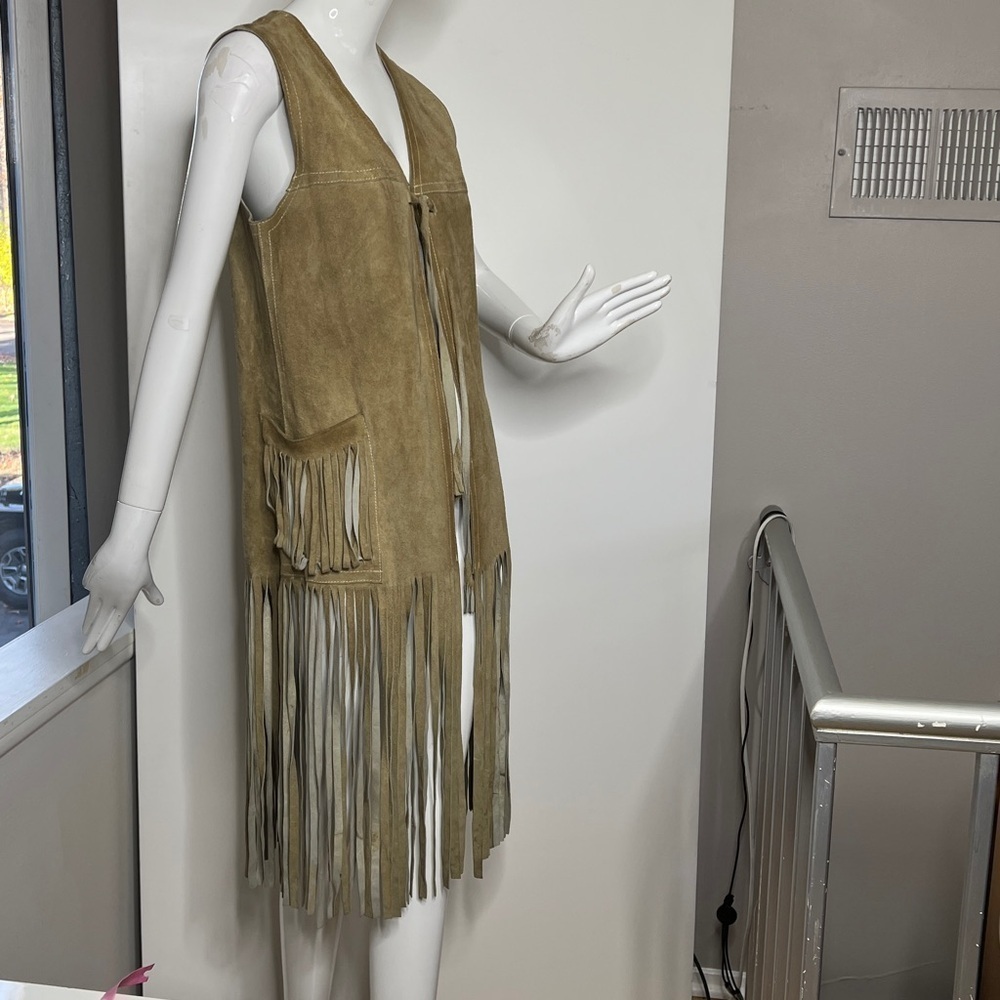 Vintage Sz 6-8 Natural Suede Leather Buckskin Fringe Front Tie Long Duster Vest